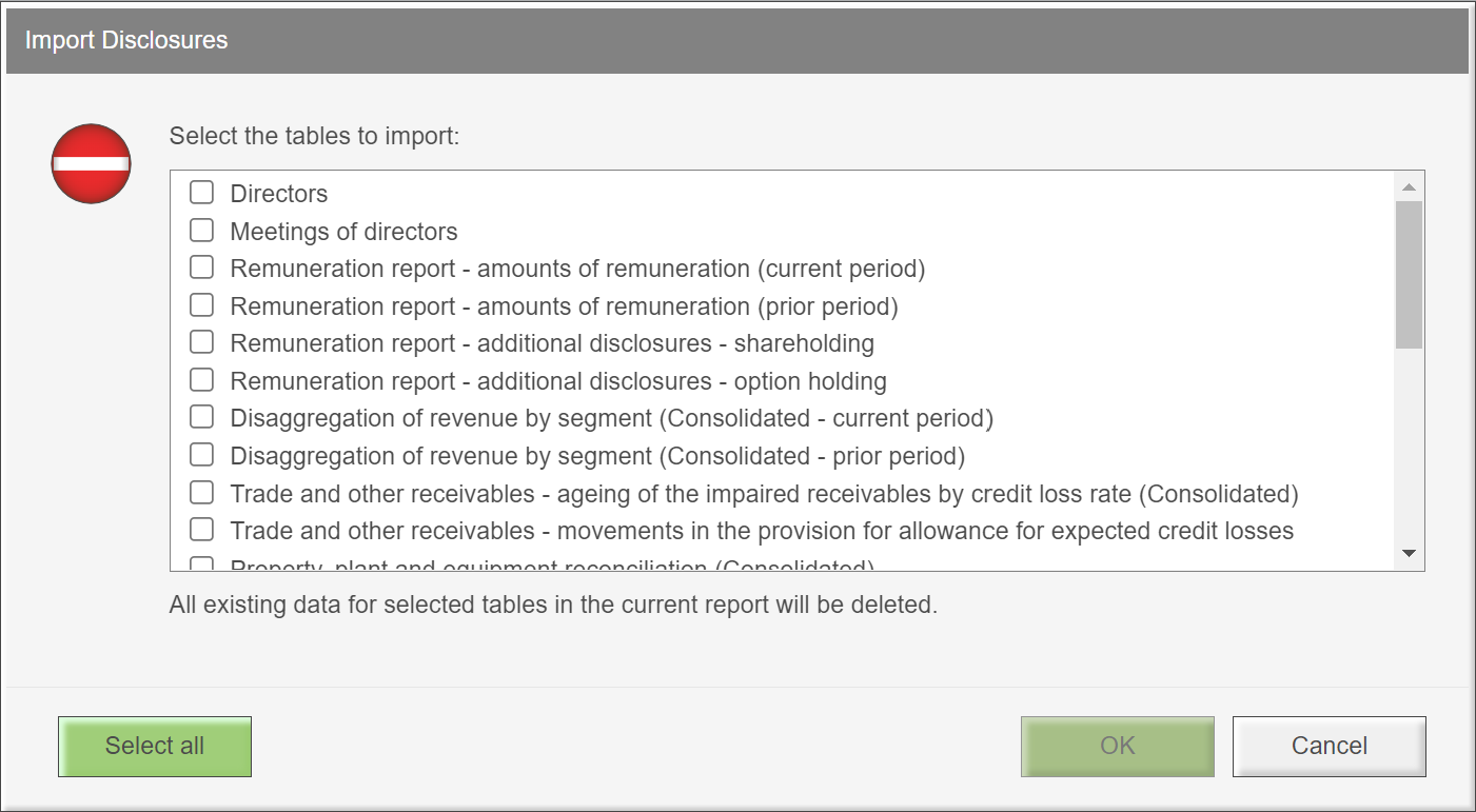 Image shows the Import Disclosures screen. It lists the tables that can be selected to import.